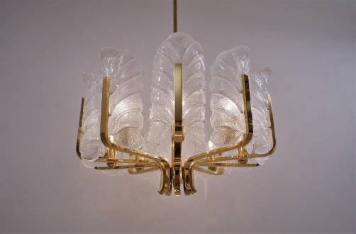 Carl Fagerlund Orrefors chandelier glass leaves & brass, 10 light, 1960`s ca, Sweden